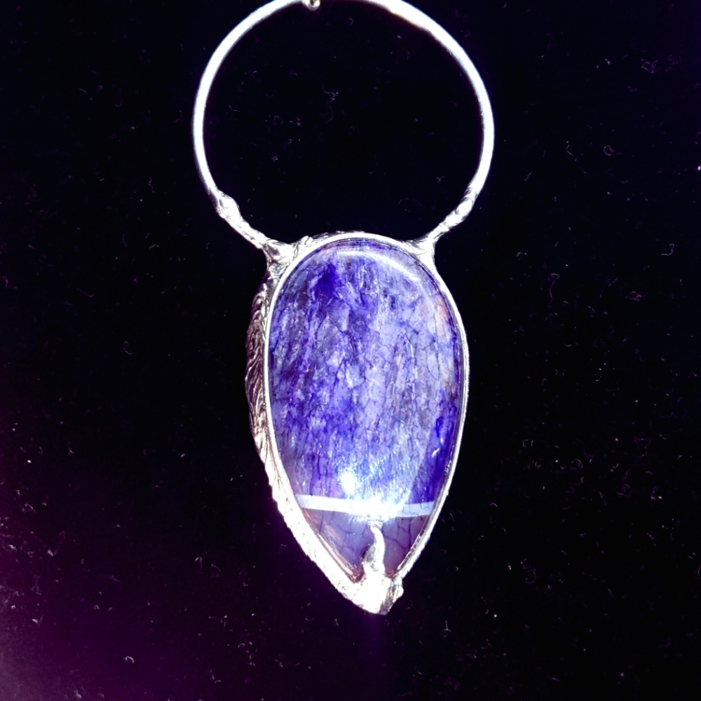 Purple dragon veins agate crystal necklace cabochon gothic silver necklace